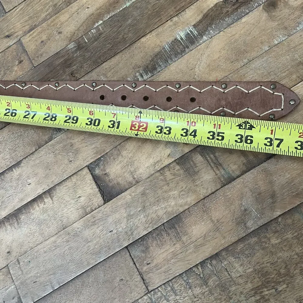 Brown Leather Belt Men's Size S White Whipstitch Chevron Pattern